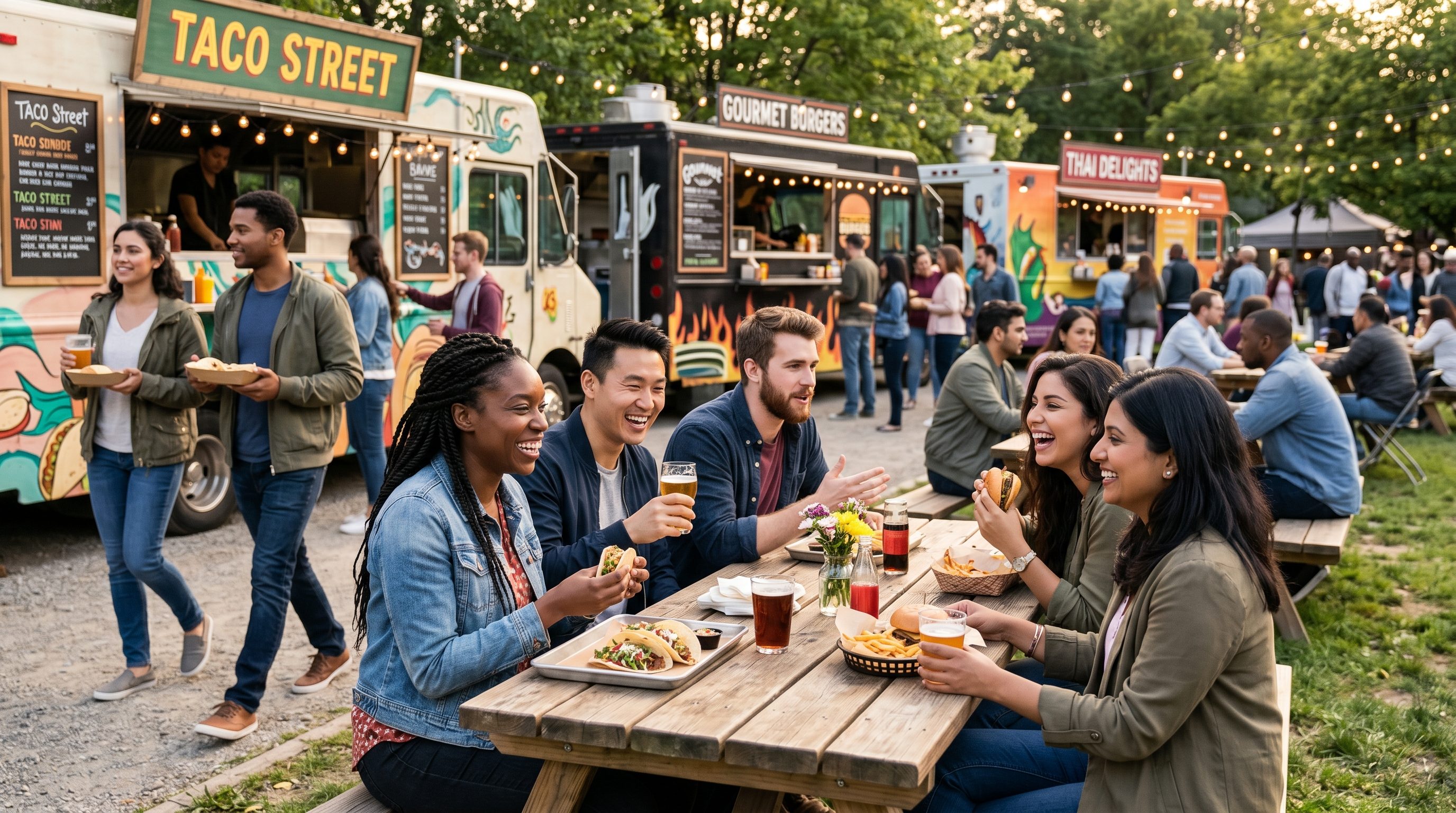 Food truck com clientes escaneando um código QR na fila para fazer pedidos e pagar