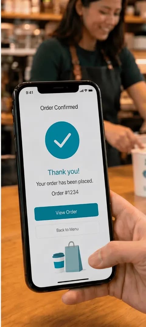 Pedido confirmado no QRwise em um celular, com uma barista sorrindo atrás do balcão
