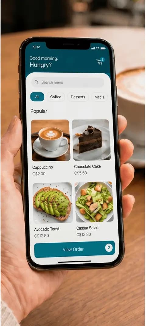 Menu do QRwise aberto no celular, com cappuccino, bolo, torrada de abacate e salada com preços em dólar canadense