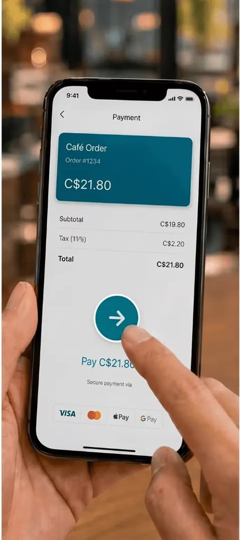 Tela de pagamento do QRwise no celular, com pedido de C$21,80, subtotal, imposto e opções de cartão