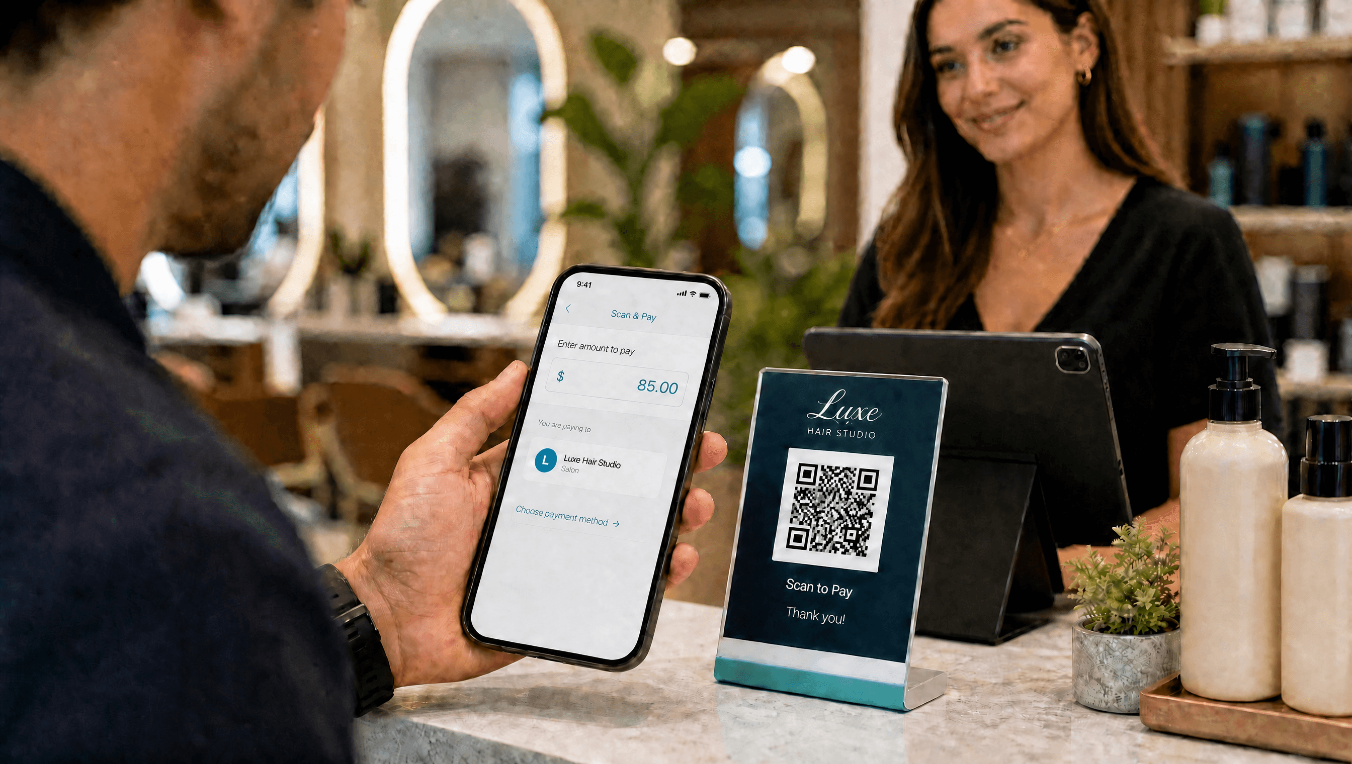 Hand holding a phone scanning a QR code to start an order